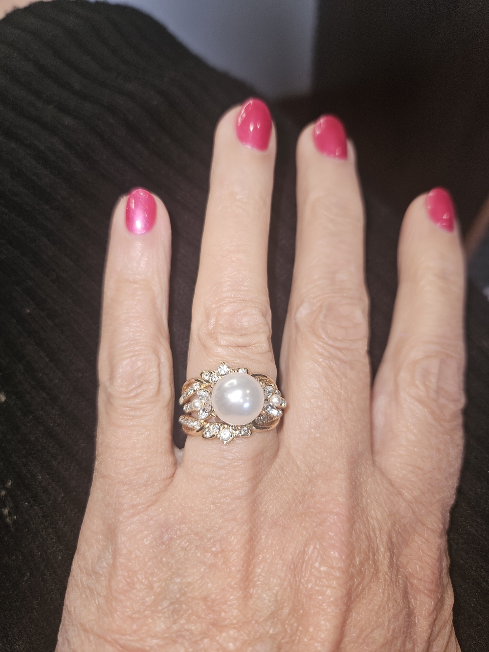 Gold Pearl and Crystal Statement Ring